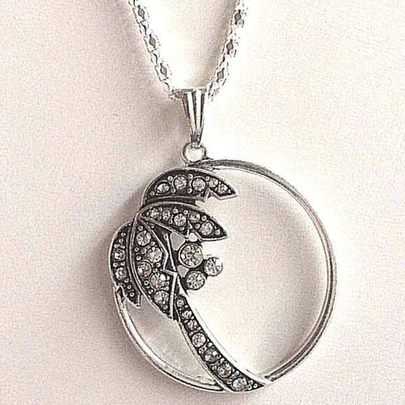 Palm Tree Pendant Necklace Crystal Silver Plated 23" X-Long Chain Coconut Island - Picture 6 of 12